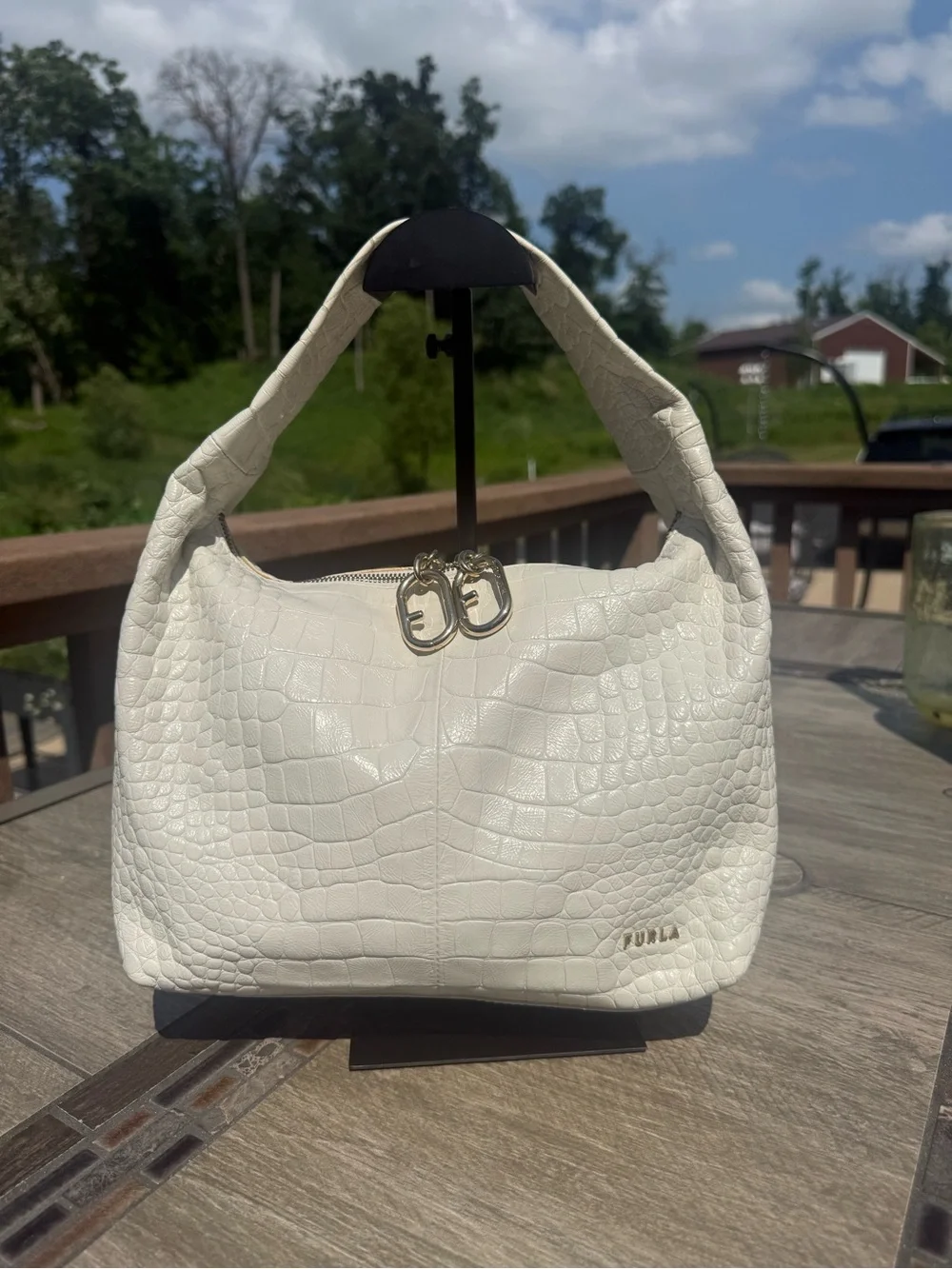 EUC Furla Ginger Hobo Bag in croc-embossed leather - Picture 1 of 12